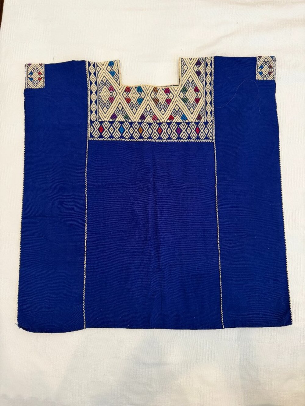 Handwoven Mexican Huipil – Royal Blue w/ Diamond Brocade